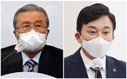 김종인 전 국민의힘 비상대책위원장(왼쪽)과 원희룡 제주도지사.<연합뉴스>